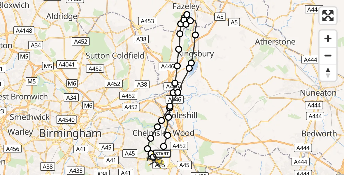 Flight route Police Helicopter Birmingham Airport - Birmingham Airport, 18 June 2026, 22:47