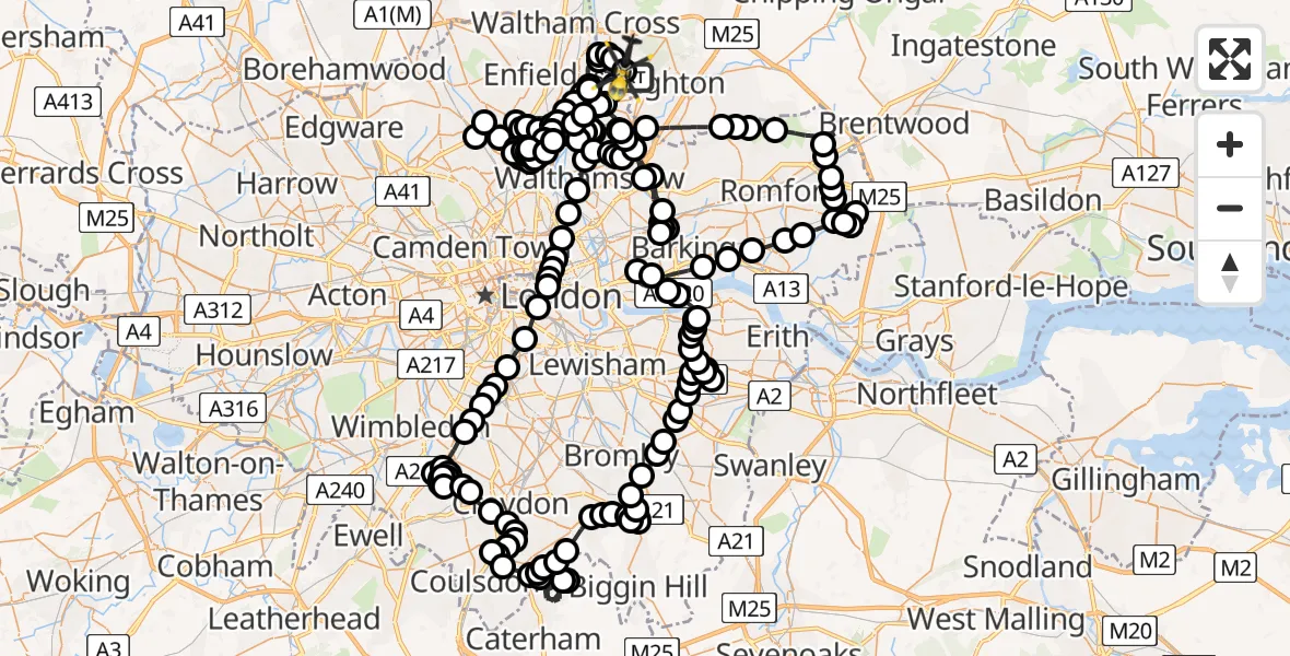 Flight route Police Helicopter Metropolitan Police Air Support Unit Lippitts Hill - Sewardstonebury, 18 June 2026, 22:54
