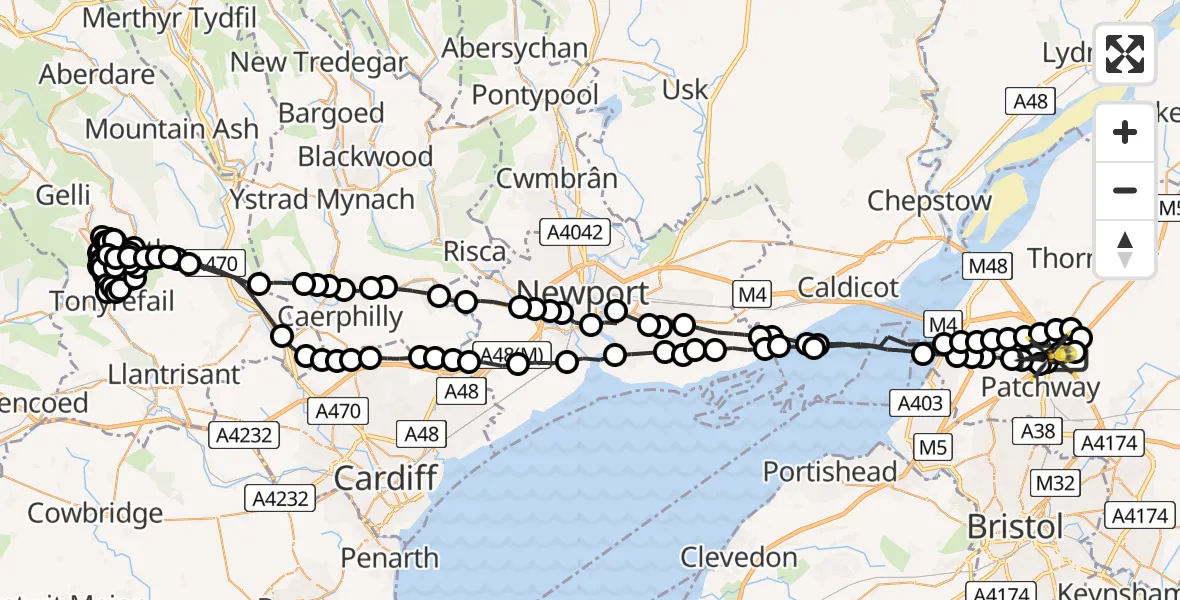 Flight route Police Helicopter Almondsbury Helicopter Base - Woodlands, 18 June 2026, 23:48