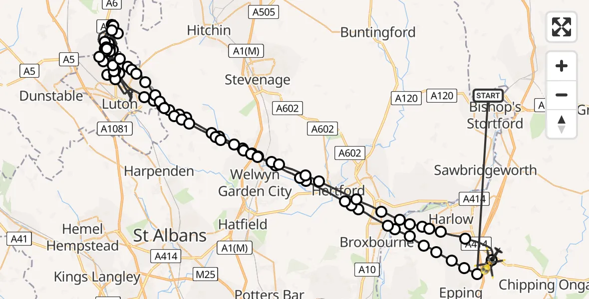 Flight route Police Helicopter Bishop's Stortford - North Weald Airfield, 19 June 2026, 00:24