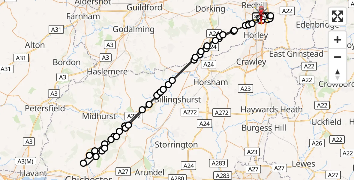 Flight route Air Ambulance Helicopter Redhill Aerodrome - Redhill Aerodrome, 19 June 2026, 00:50