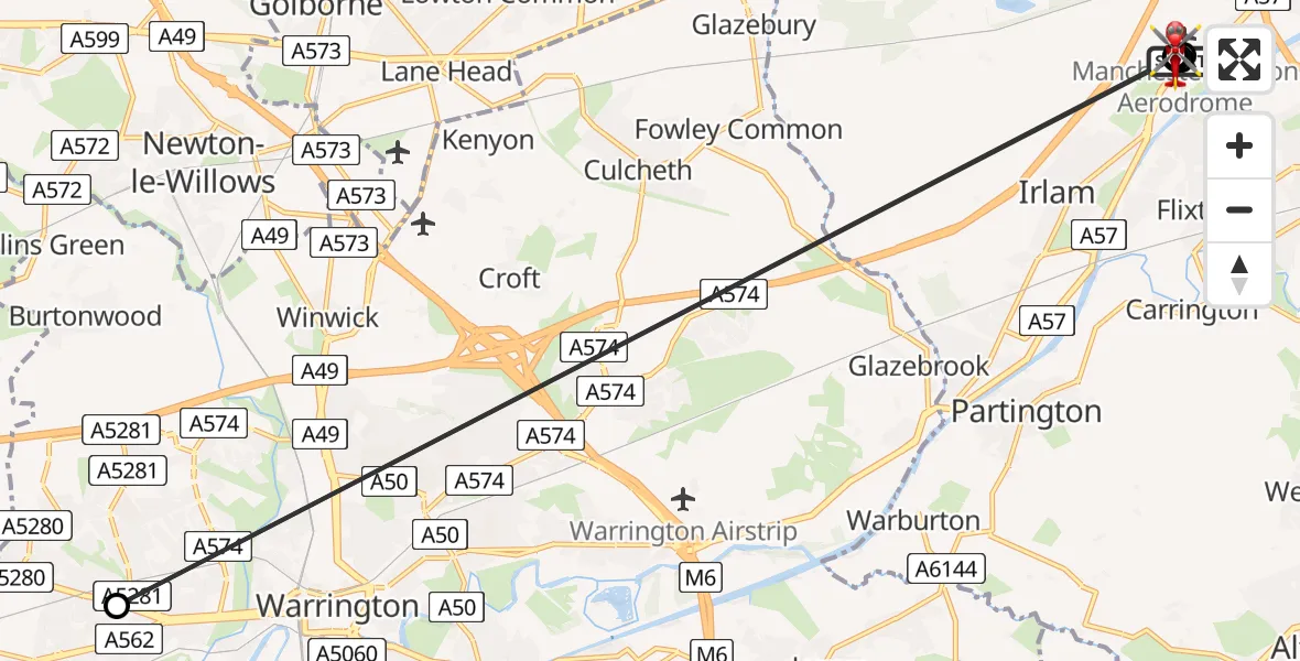 Flight route Air Ambulance Helicopter Manchester Barton Aerodrome - Irlam, 19 June 2026, 01:12