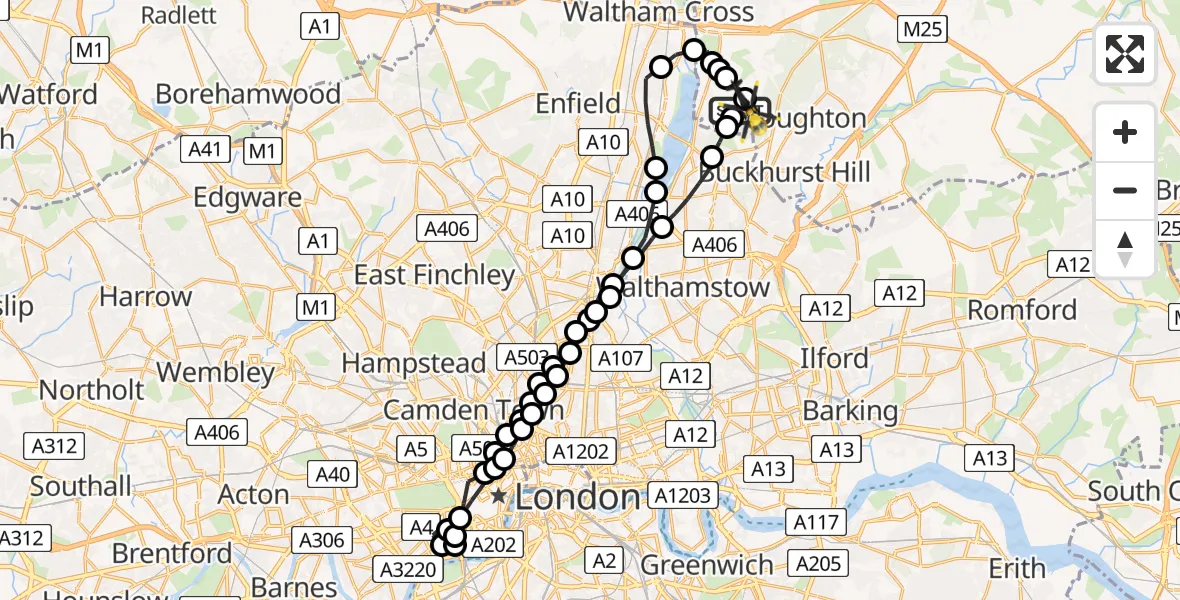 Flight route Police Helicopter Metropolitan Police Air Support Unit Lippitts Hill - Sewardstonebury, 19 June 2026, 02:37