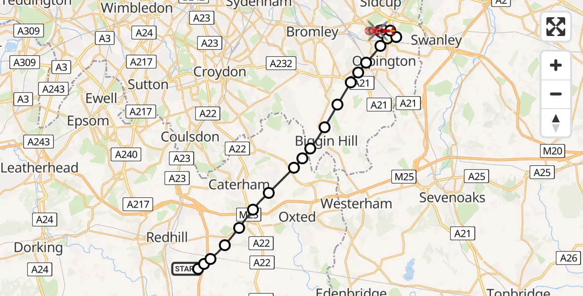 Flight route Air Ambulance Helicopter Redhill Aerodrome - St Paul's Cray, 19 June 2026, 07:05
