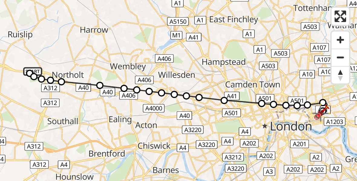 Flight route Air Ambulance Helicopter RAF Northolt - Royal London Hospital, 19 June 2026, 07:16