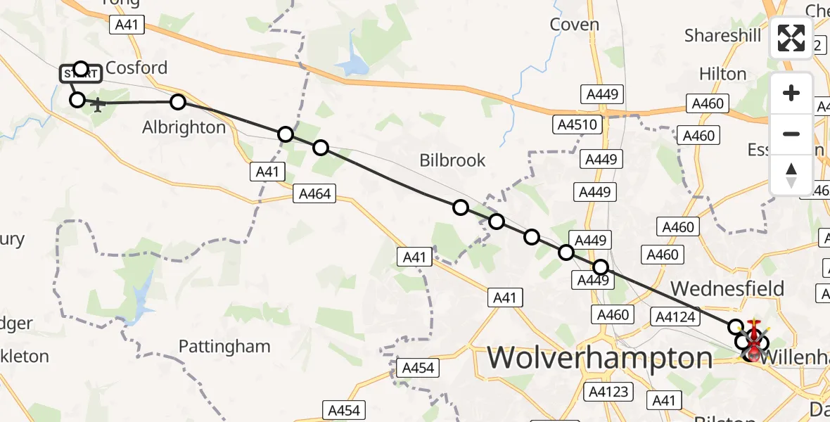 Flight route Air Ambulance Helicopter RAF Cosford - Wednesfield, 19 June 2026, 07:24