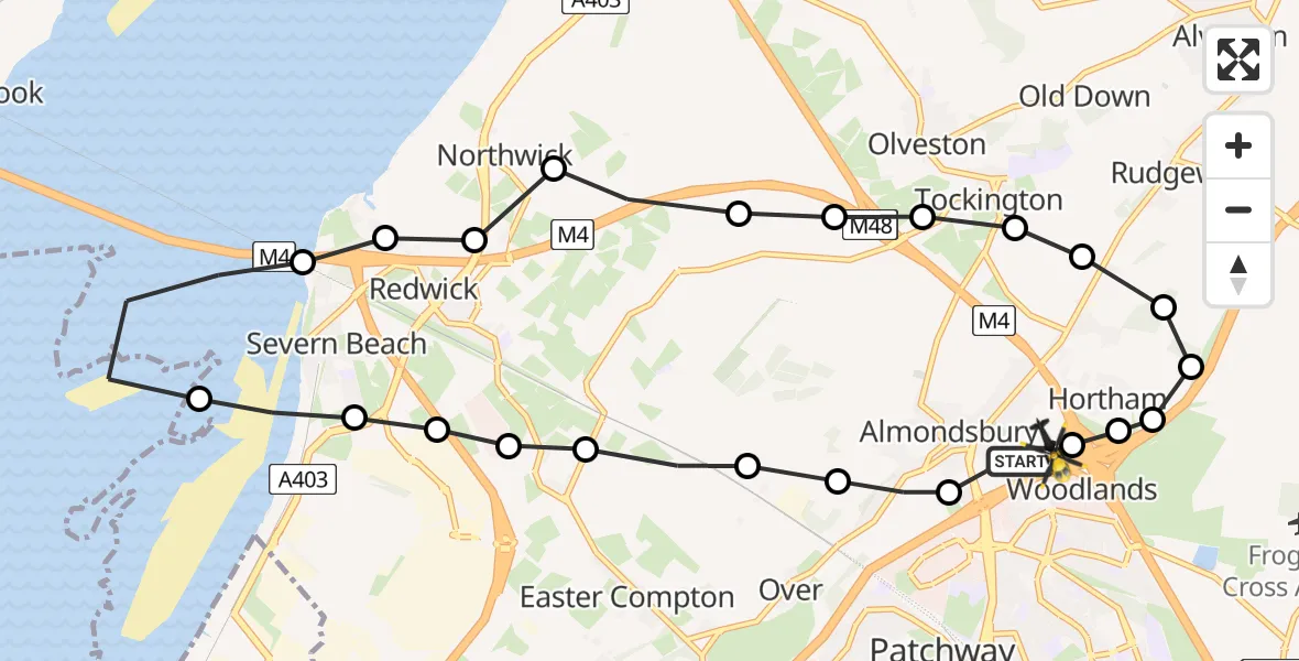 Flight route Police Helicopter Almondsbury Helicopter Base - Almondsbury Helicopter Base, 19 June 2026, 07:25