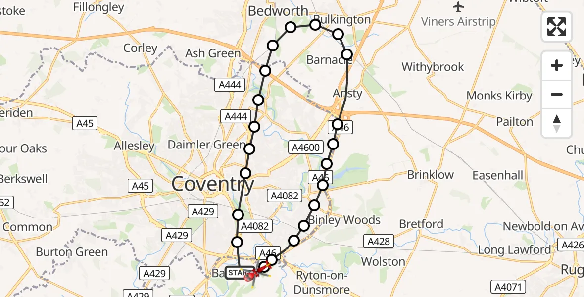 Flight route Air Ambulance Helicopter Coventry Airport - Coventry Airport, 19 June 2026, 07:27