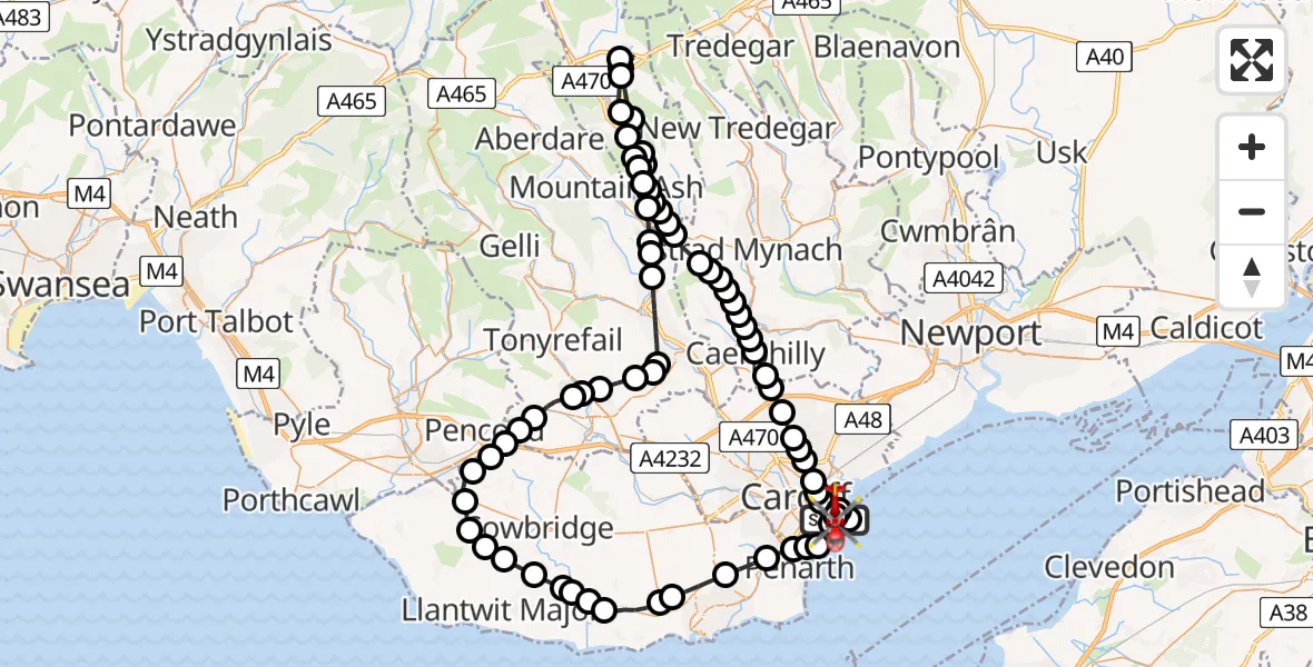 Flight route Air Ambulance Helicopter Cardiff Heliport - Cardiff Heliport, 19 June 2026, 07:28