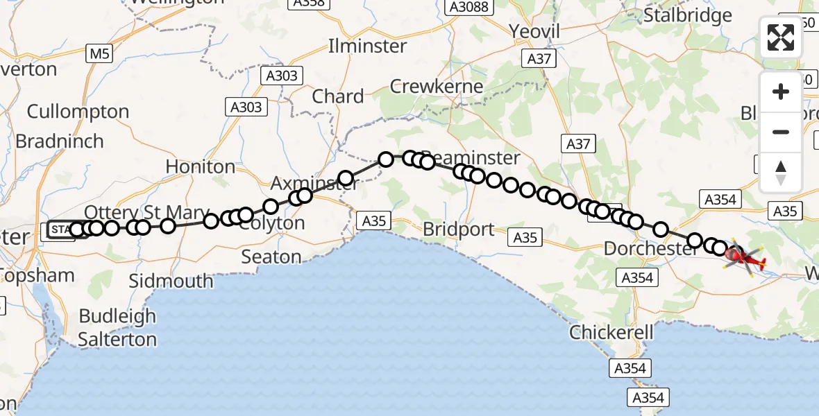 Flight route Air Ambulance Helicopter Exeter International Airport - Moreton, 19 June 2026, 07:41