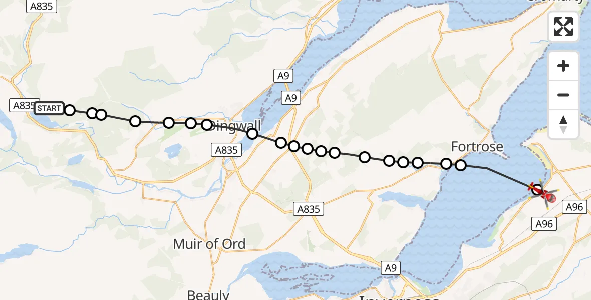 Flight route Air Ambulance Helicopter Garve - Inverness Airport, 19 June 2026, 07:58