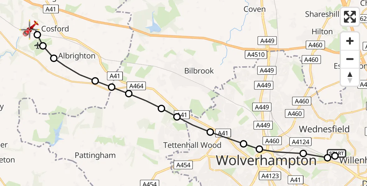 Flight route Air Ambulance Helicopter Willenhall - Cosford, 19 June 2026, 08:36