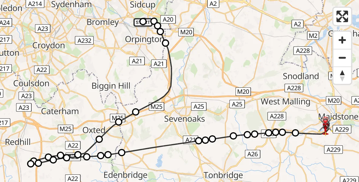 Flight route Air Ambulance Helicopter St Paul's Cray - Maidstone, 19 June 2026, 08:37