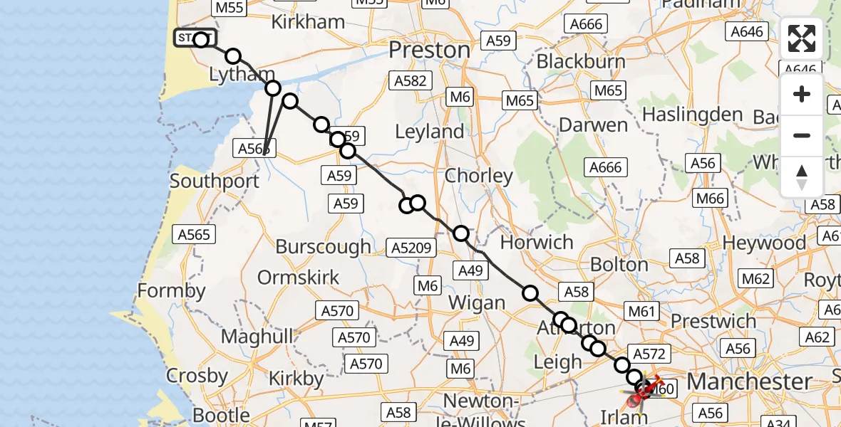 Flight route Air Ambulance Helicopter Blackpool Airport - Manchester Barton Aerodrome, 19 June 2026, 08:39