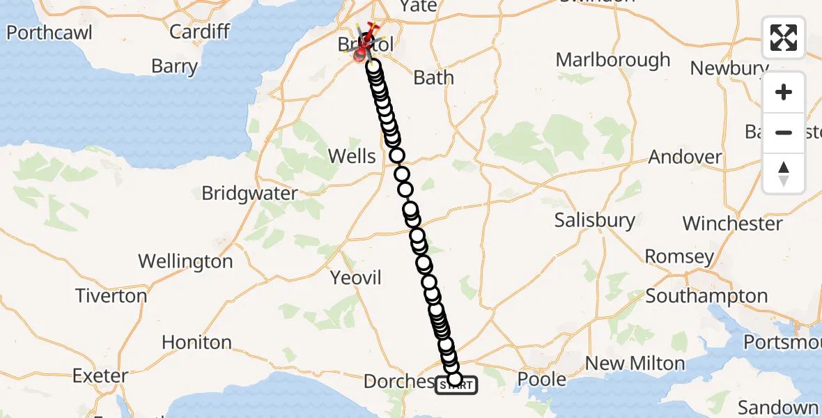 Flight route Air Ambulance Helicopter Moreton - Bristol Royal Infirmary, 19 June 2026, 08:42