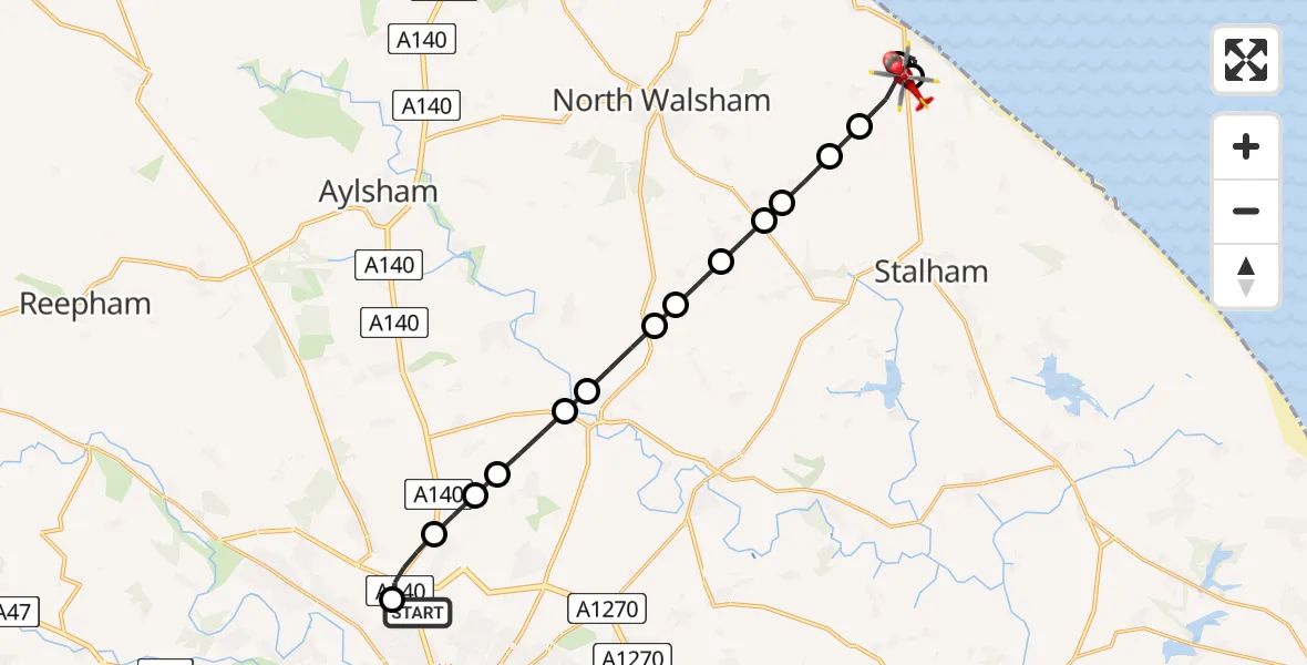 Flight route Air Ambulance Helicopter Norwich Airport - Happisburgh, 19 June 2026, 08:53