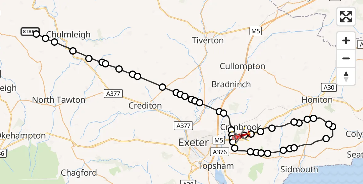 Flight route Air Ambulance Helicopter Riddlecombe - Rockbeare, 19 June 2026, 08:58