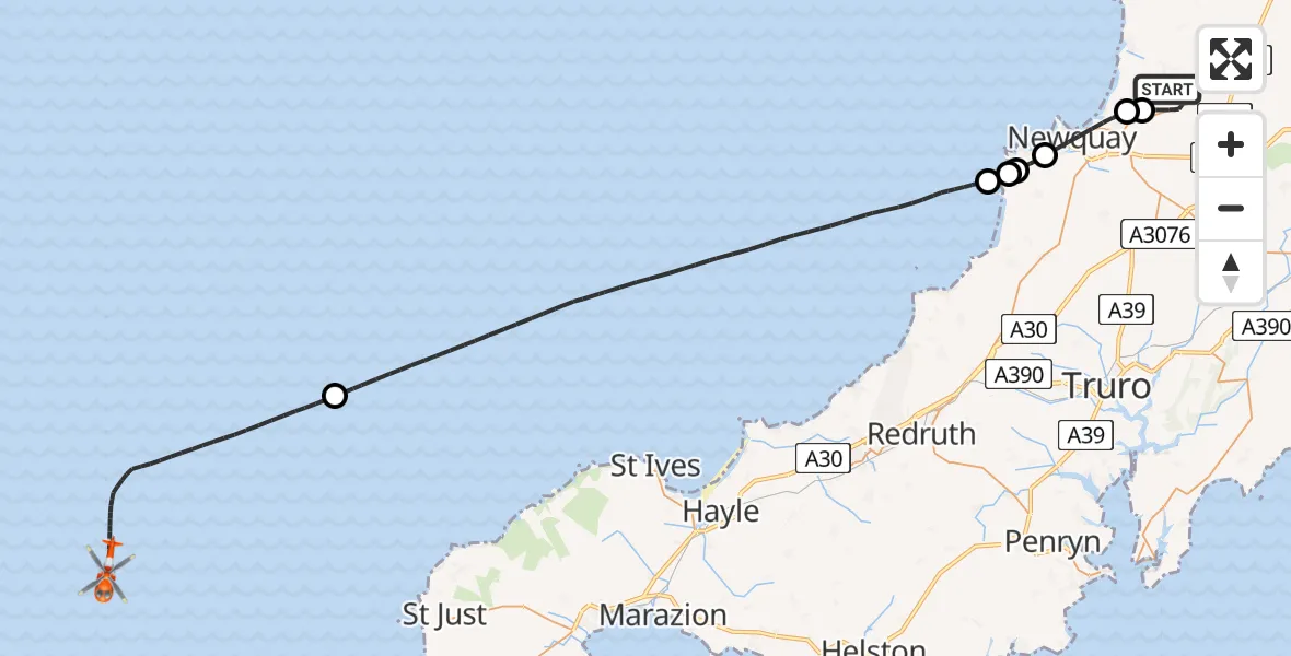 Flight route Coastguard Helicopter Cornwall Airport Newquay - North Atlantic Ocean, 19 June 2026, 09:09