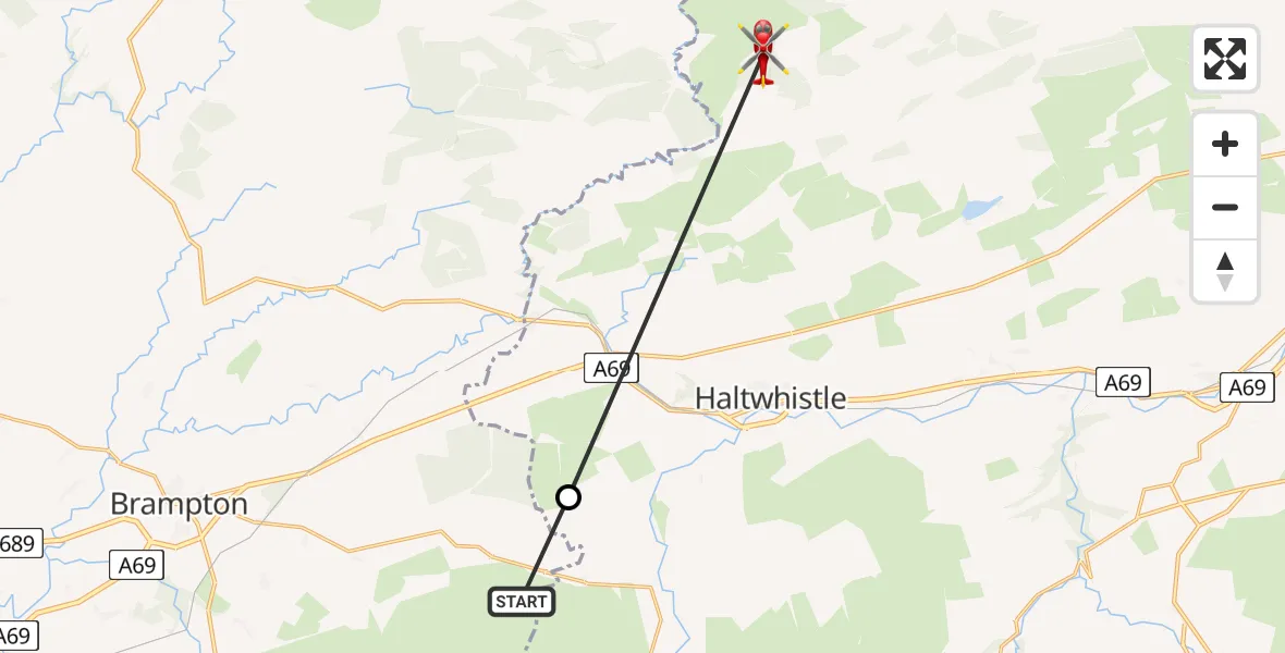 Flight route Air Ambulance Helicopter Midgeholme - Henshaw, 19 June 2026, 09:19
