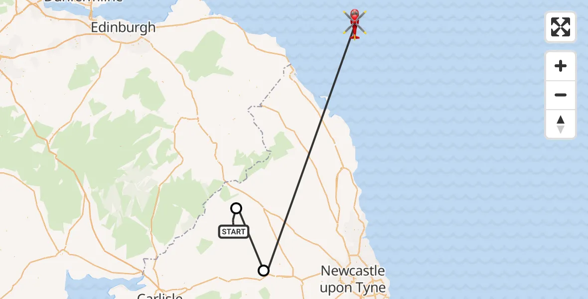 Flight route Air Ambulance Helicopter Falstone - North Sea, 19 June 2026, 09:25