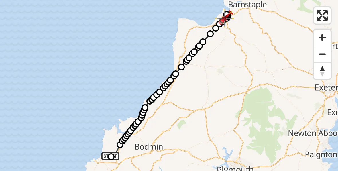 Flight route Air Ambulance Helicopter Cornwall Airport Newquay - Northam, 19 June 2026, 09:36