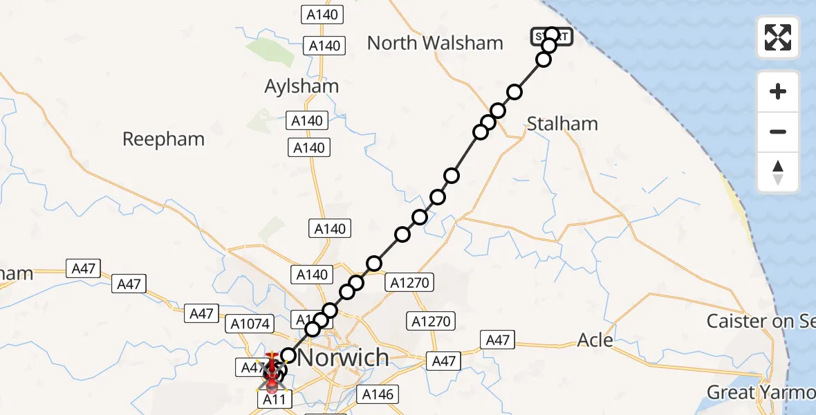 Flight route Air Ambulance Helicopter North Norfolk - Norfolk & Norwich Hospital, 19 June 2026, 09:57