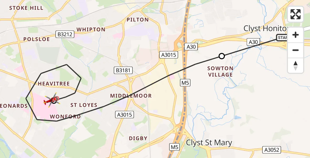 Flight route Air Ambulance Helicopter Exeter International Airport - Royal Devon & Exeter Hospital, 19 June 2026, 09:58