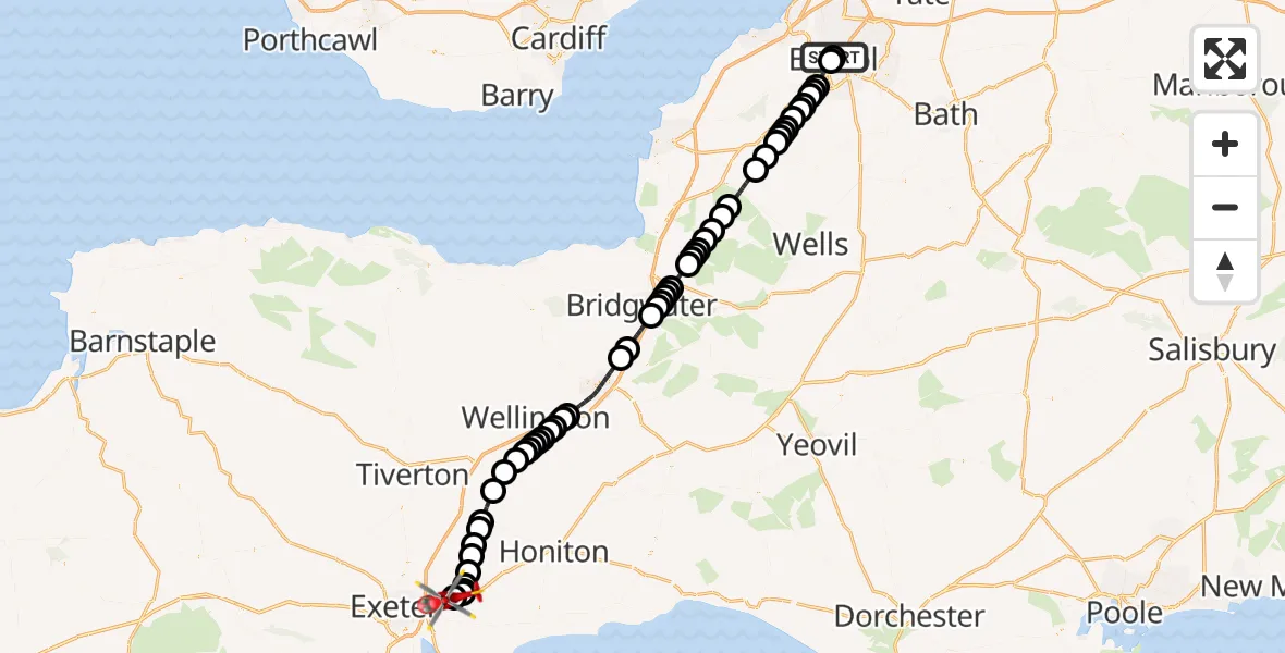 Flight route Air Ambulance Helicopter Bristol Royal Infirmary - Exeter International Airport, 19 June 2026, 09:58