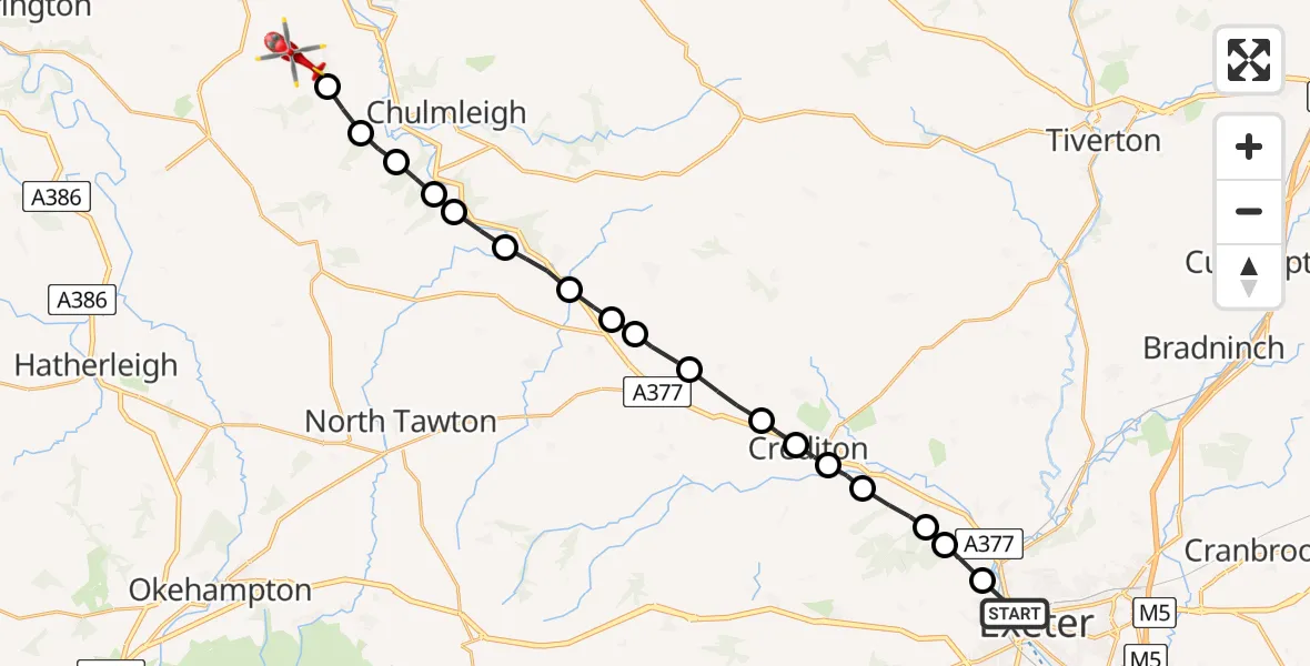 Flight route Air Ambulance Helicopter Exeter - Burrington, 19 June 2026, 10:08