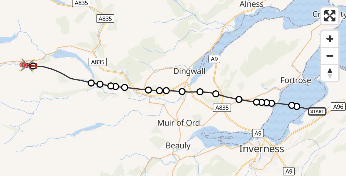 Flight route Air Ambulance Helicopter Inverness - Achanalt, 19 June 2026, 10:14