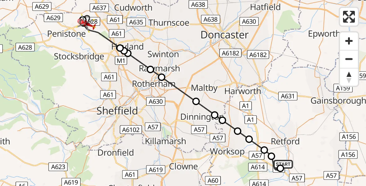 Flight route Air Ambulance Helicopter Retford Gamston Airport - Barnsley, 19 June 2026, 10:29
