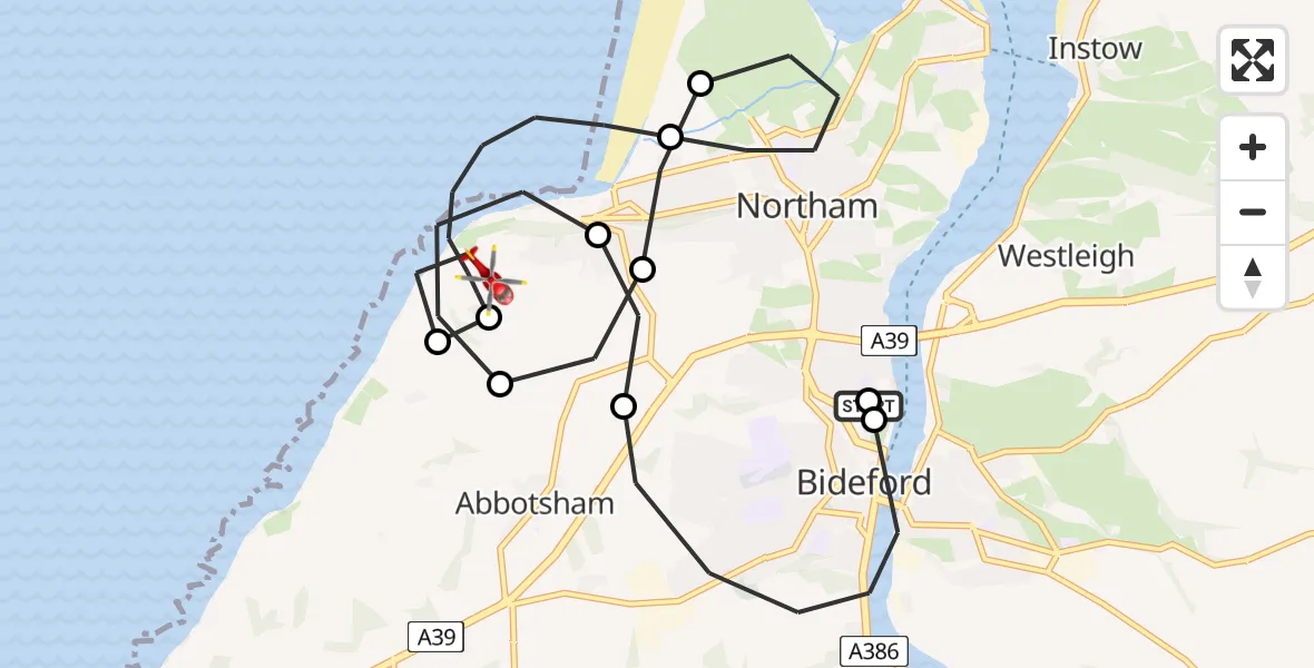 Flight route Air Ambulance Helicopter Bideford - Westward Ho!, 19 June 2026, 10:55