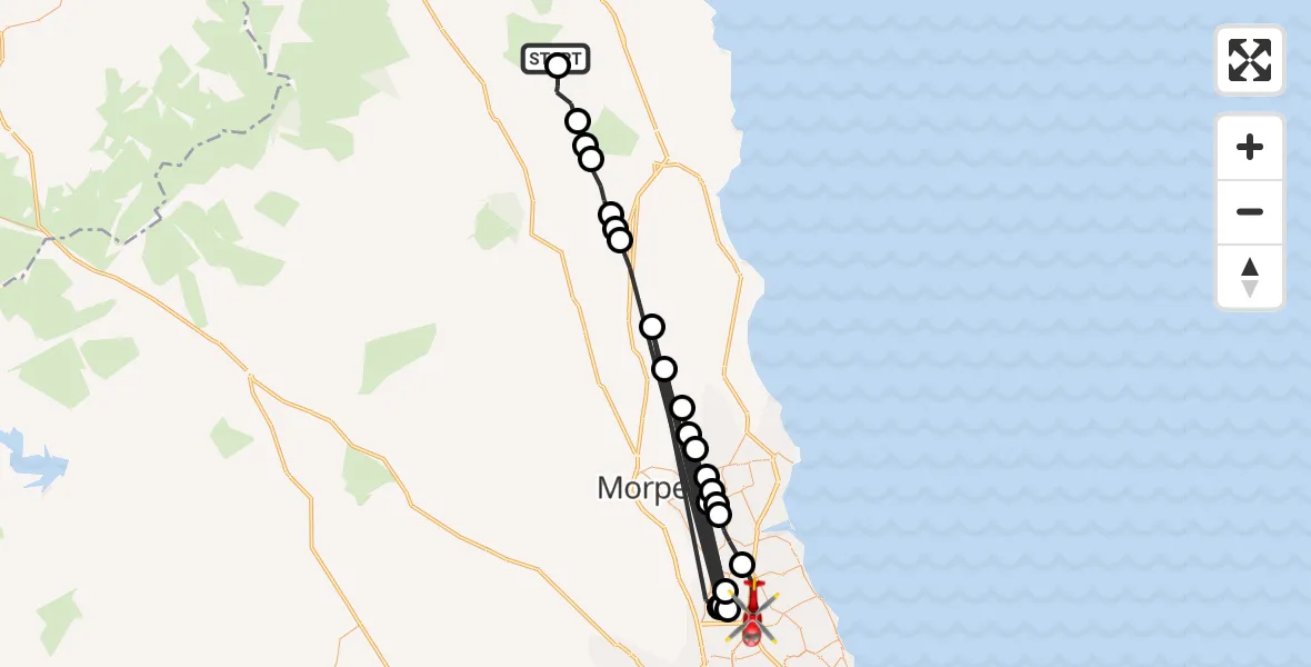 Flight route Air Ambulance Helicopter Bewick - Cramlington, 19 June 2026, 10:56
