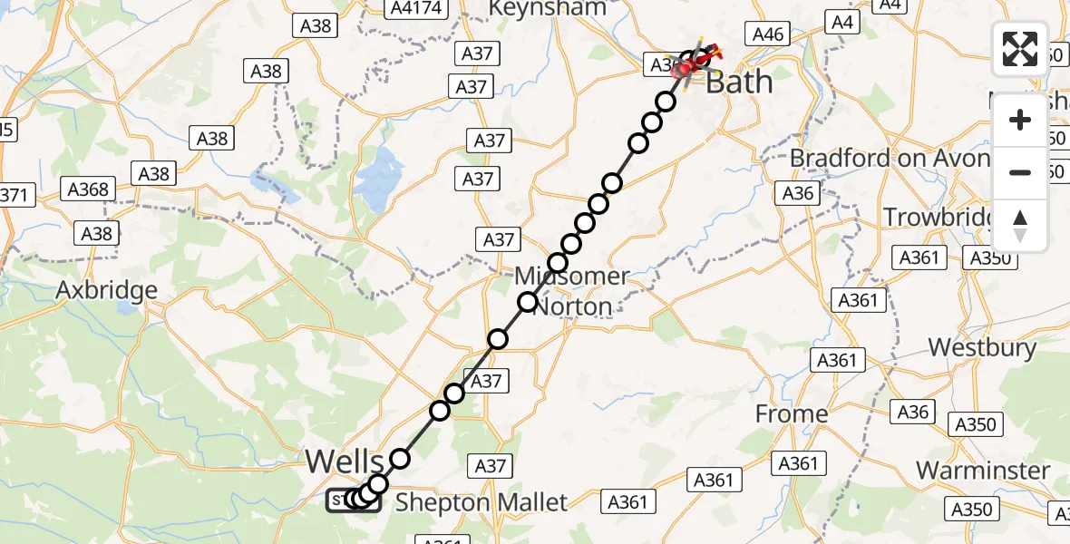 Flight route Air Ambulance Helicopter St Cuthbert Out - Royal United Hospital Bath, 19 June 2026, 11:03