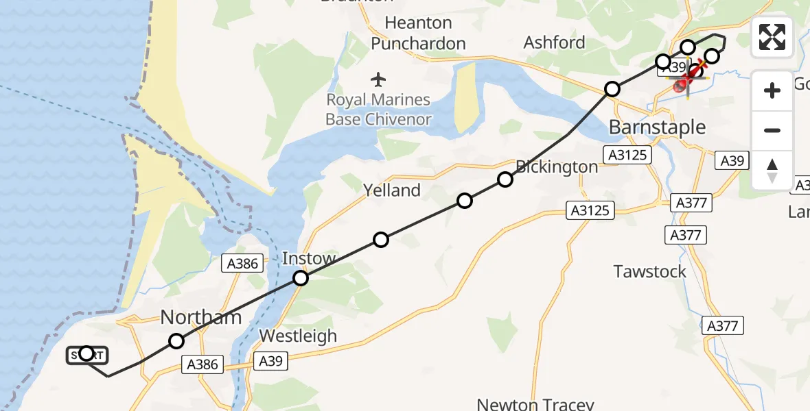 Flight route Air Ambulance Helicopter Lake Heliport Abbotsham - North Devon Hospital, 19 June 2026, 11:08