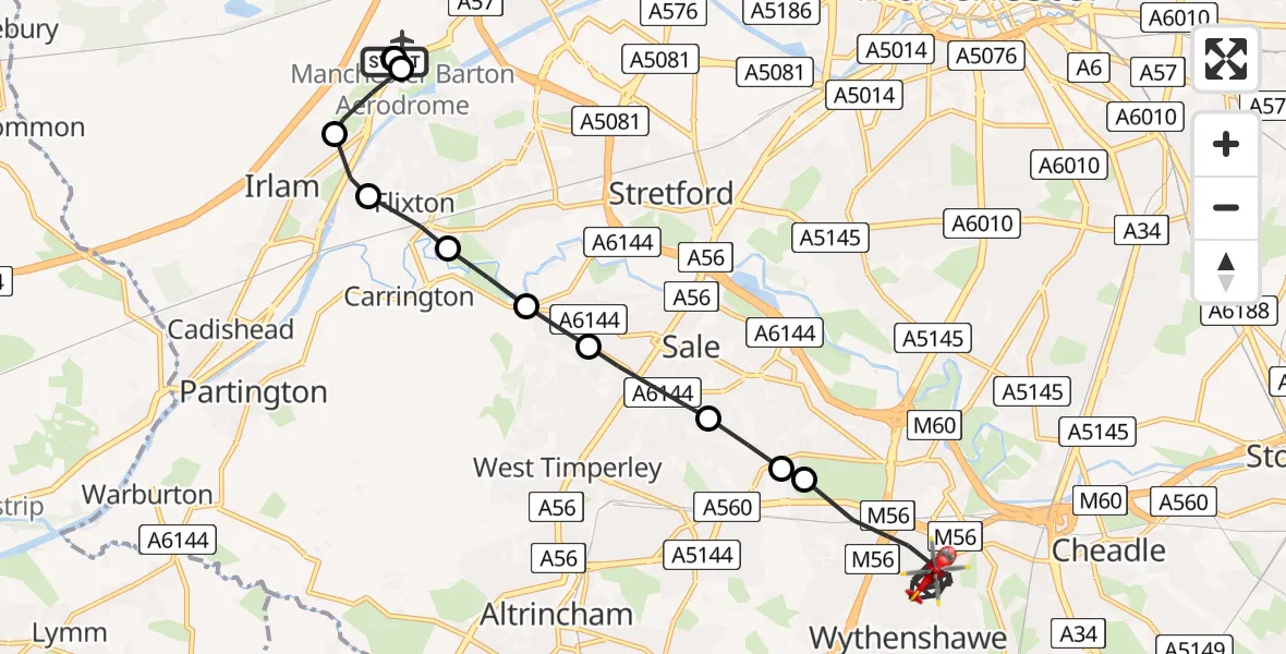Flight route Air Ambulance Helicopter Manchester Barton Aerodrome - Wythenshawe, 19 June 2026, 11:10