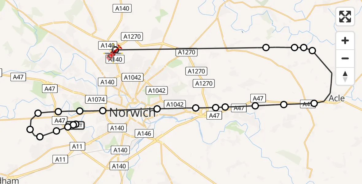 Flight route Air Ambulance Helicopter Norfolk & Norwich Hospital - Norwich Airport, 19 June 2026, 11:12
