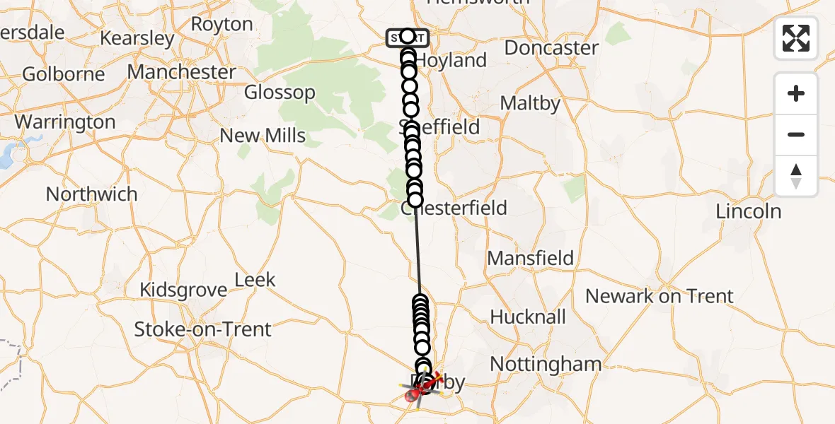 Flight route Air Ambulance Helicopter Barnsley - Royal Derby Trauma Unit, 19 June 2026, 11:15