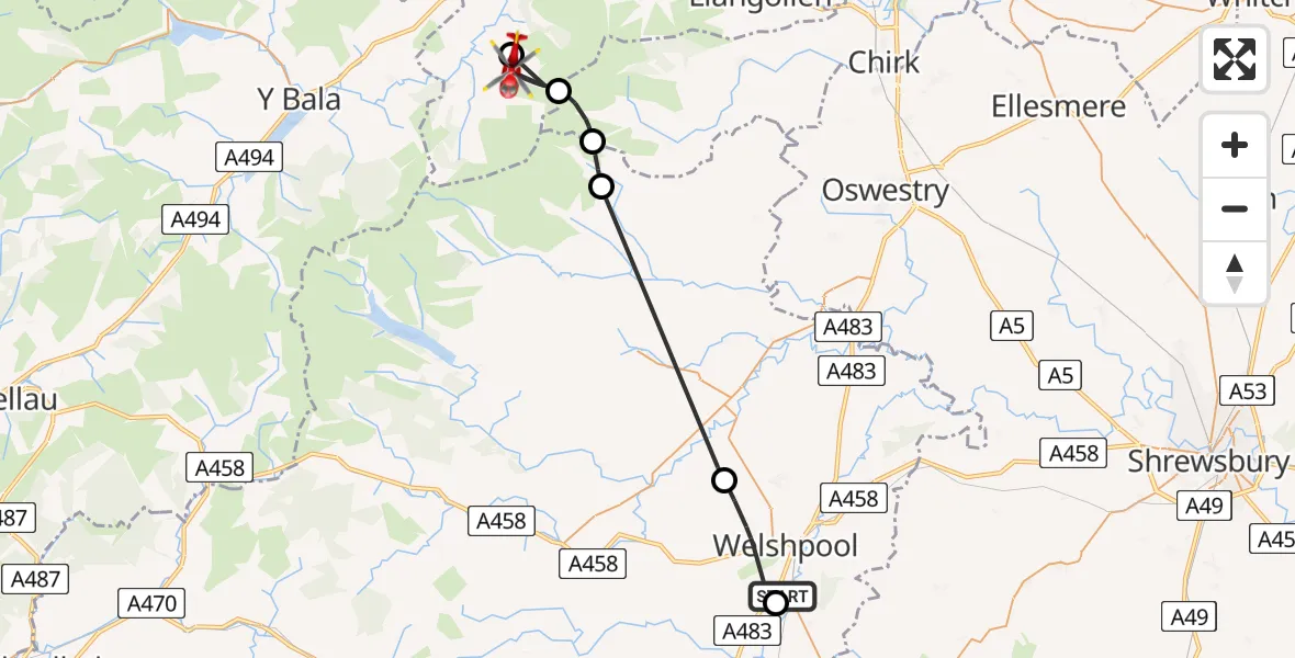 Flight route Air Ambulance Helicopter Welshpool Airport - Cynwyd, 19 June 2026, 11:24