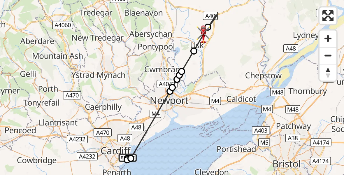 Flight route Air Ambulance Helicopter Cardiff Heliport - Usk, 19 June 2026, 11:26