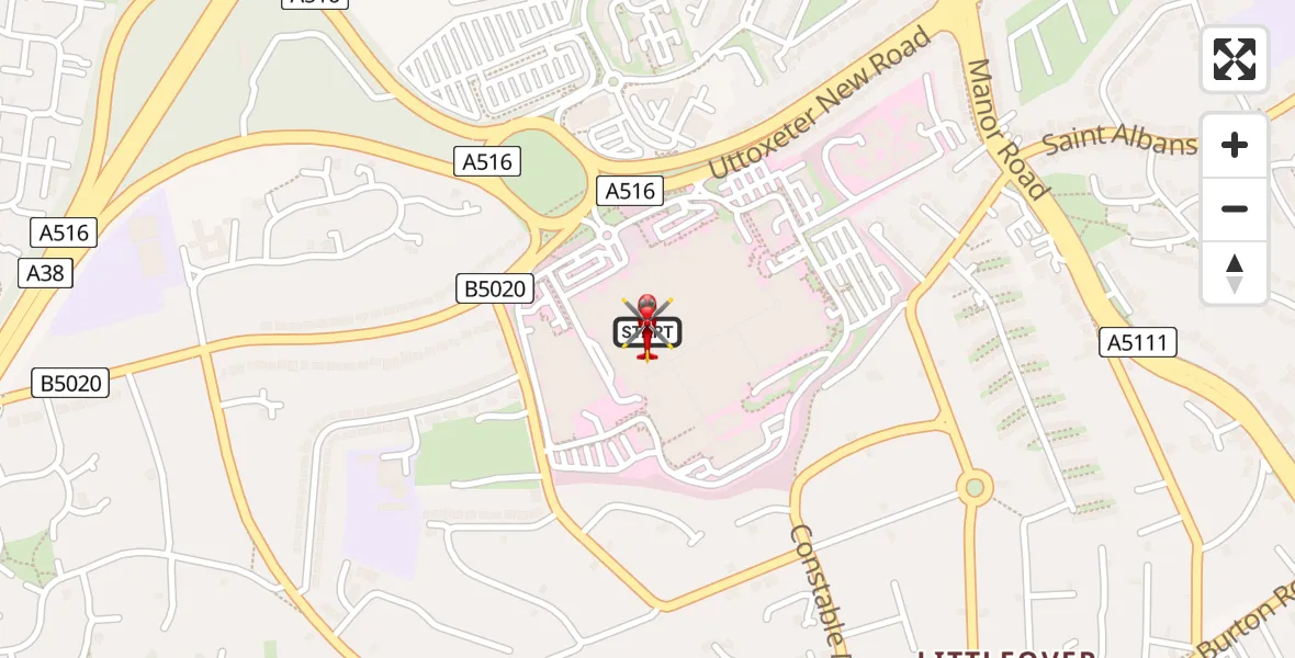Flight route Air Ambulance Helicopter Royal Derby Trauma Unit - Royal Derby Trauma Unit, 19 June 2026, 11:43
