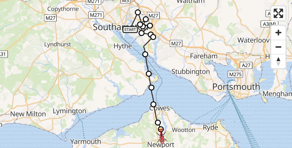 Flight route Air Ambulance Helicopter Woolston - Newport, 19 June 2026, 11:45