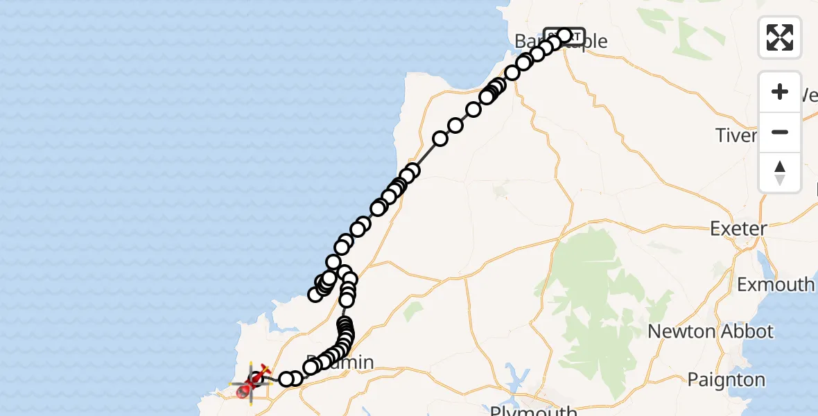 Flight route Air Ambulance Helicopter North Devon Hospital - Cornwall Airport Newquay, 19 June 2026, 11:45