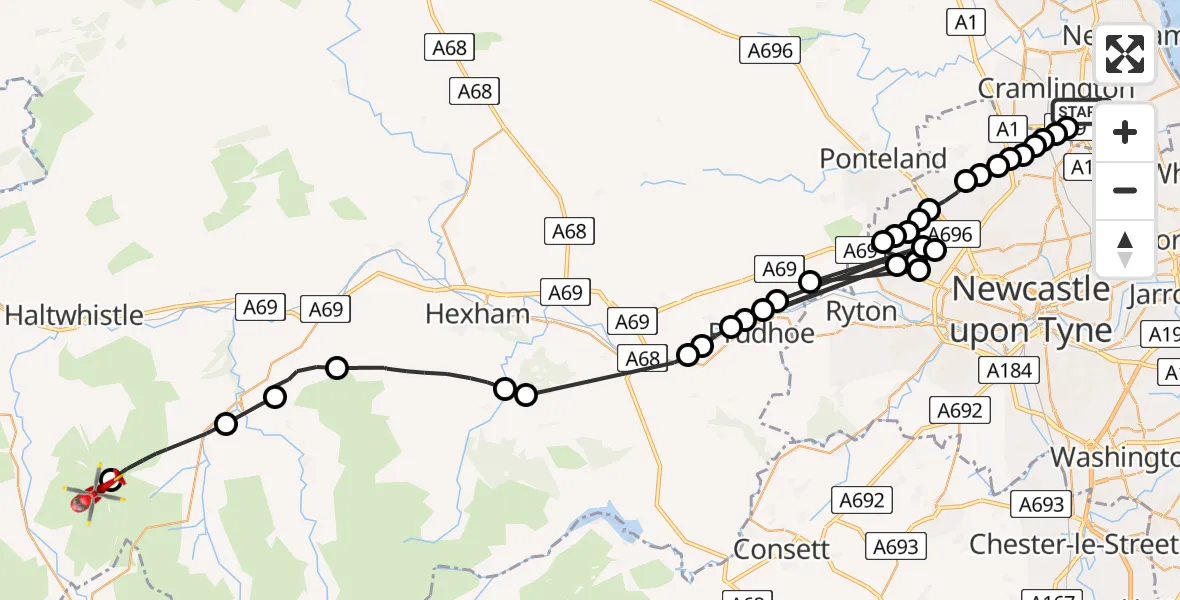 Flight route Air Ambulance Helicopter Cramlington - Knaresdale with Kirkhaugh, 19 June 2026, 11:49