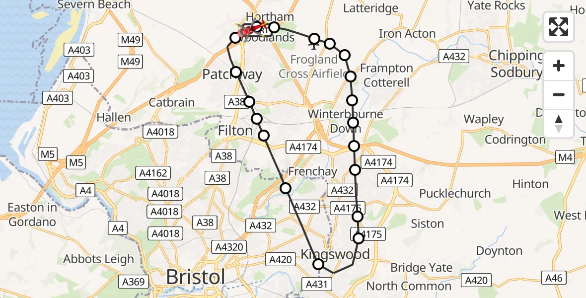 Flight route Air Ambulance Helicopter Almondsbury Helicopter Base - Almondsbury Helicopter Base, 19 June 2026, 12:00
