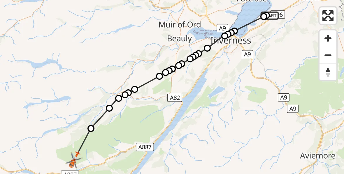 Flight route Coastguard Helicopter Inverness Airport - Highland, 19 June 2026, 12:02
