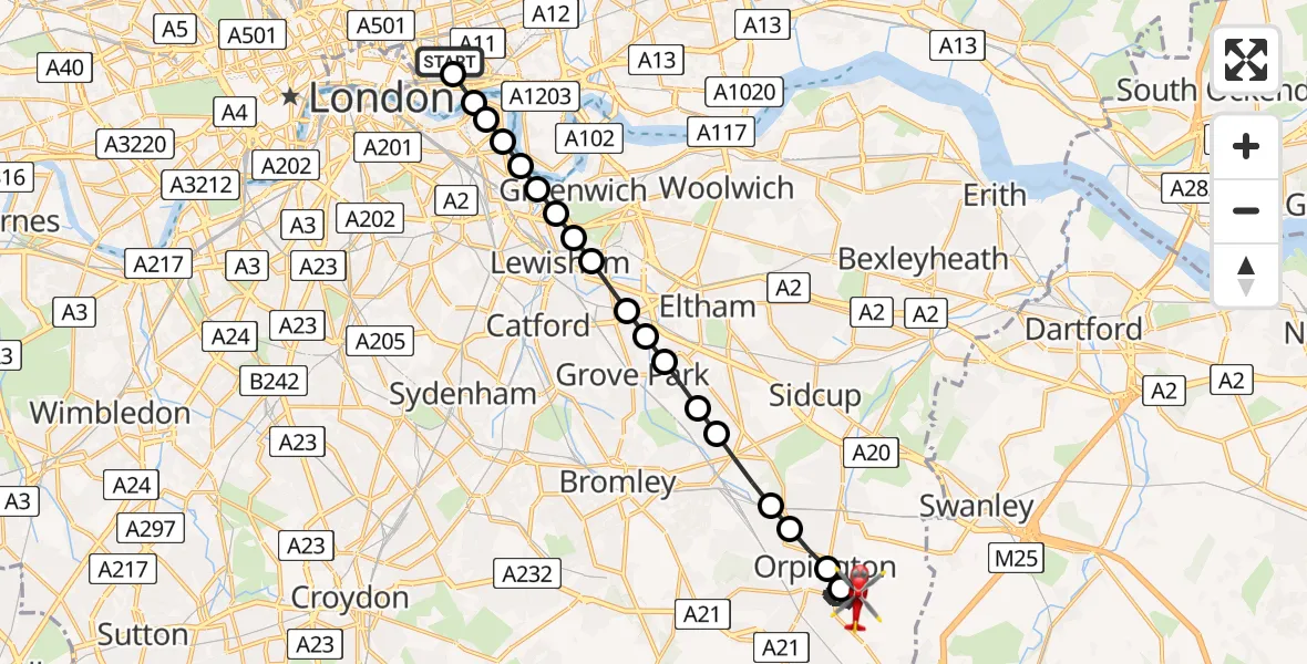 Flight route Air Ambulance Helicopter Royal London Hospital - Orpington, 19 June 2026, 12:07