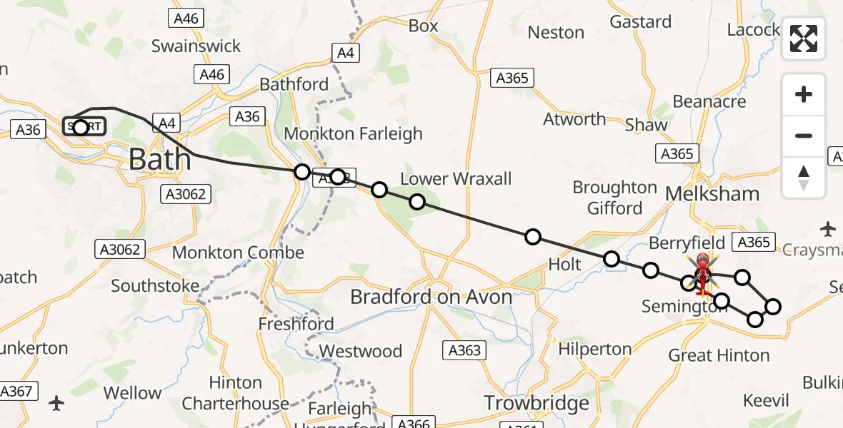 Flight route Air Ambulance Helicopter Royal United Hospital Bath - Wiltshire Air Ambulance, 19 June 2026, 12:08