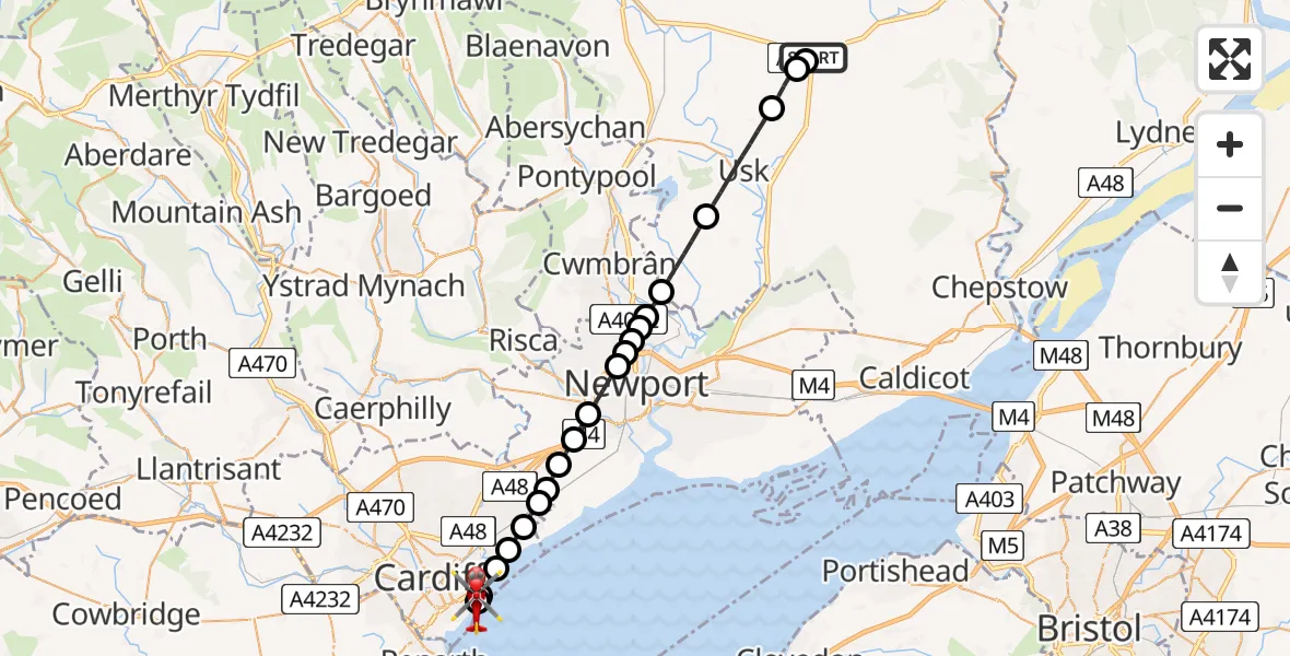Flight route Air Ambulance Helicopter Raglan - Cardiff Heliport, 19 June 2026, 12:12