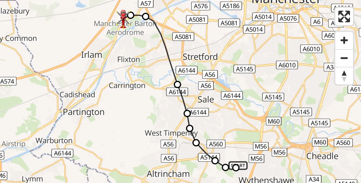 Flight route Air Ambulance Helicopter Wythenshawe Hospital Helipad - Manchester Barton Aerodrome, 19 June 2026, 12:31